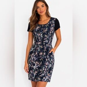 CLUB MONACO Shayla Mini Dress Black Abstract Print Faux leather Trim Size 8